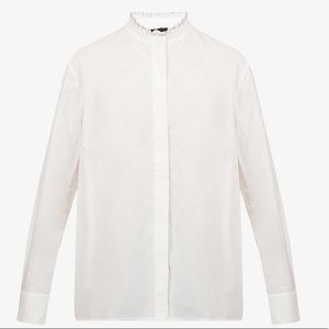 Maje Bejewled Ruffle Neck Cotton Poplin Shirt